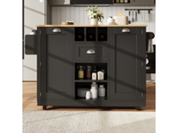 Ilha de cozinha móvel Mobrio preta, 140 x 70 x 93,5 cm, 1 gaveta e 2 portas, bandeja extensível com rodas