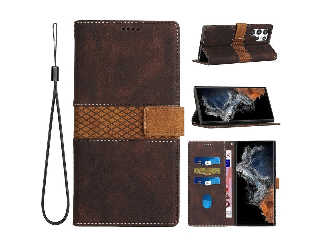 Capa De Couro Para Celular Com Costura Em Grade E Cordão