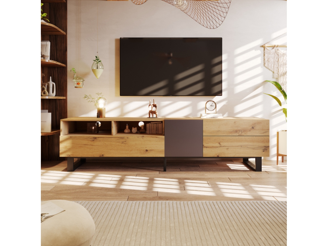 Armário de Tv Moderno BTFORUS com Colorblocking e Veios de Madeira (180 cm)