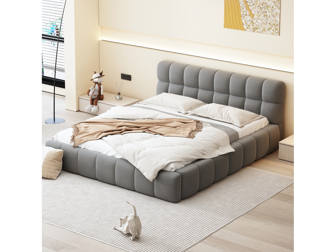 Cama Estofada 140x190cm, Cama Juvenil, Casal Com Encosto Macio, Cama Baixa Com Borda Estofada, Grade De Ripas Linho Cinza (colchão Não Incluso)