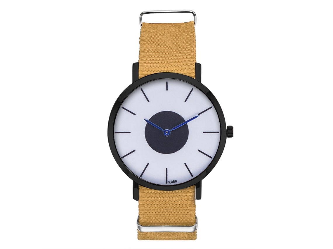 Relógio masculino casual e estiloso com pulseira de nylon, mostrador redondo e movimento de quartzo bege.