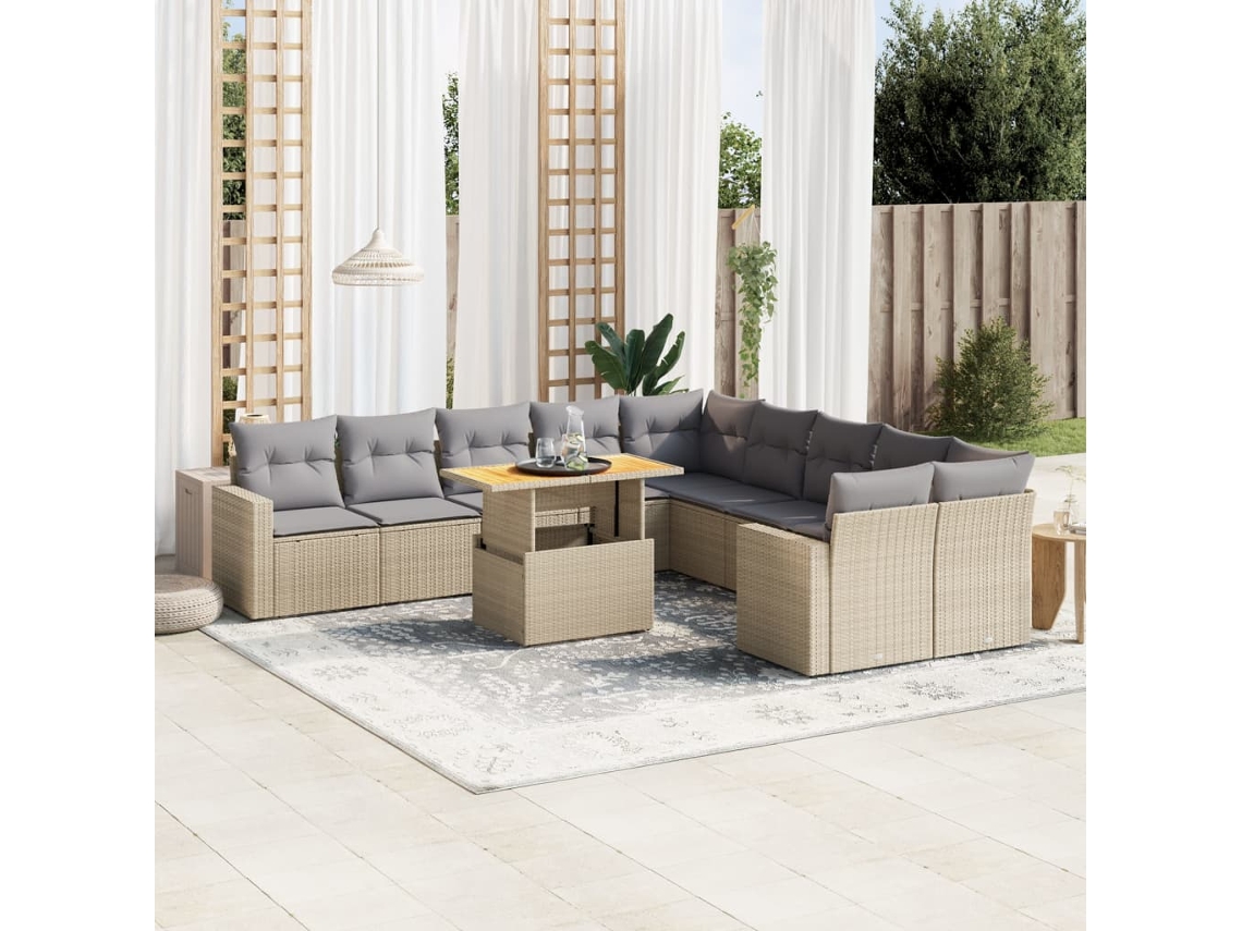 11 Pcs Conjunto Sofás De Jardim C/ Almofadões Vime Pe Bege Dkd Home Decor