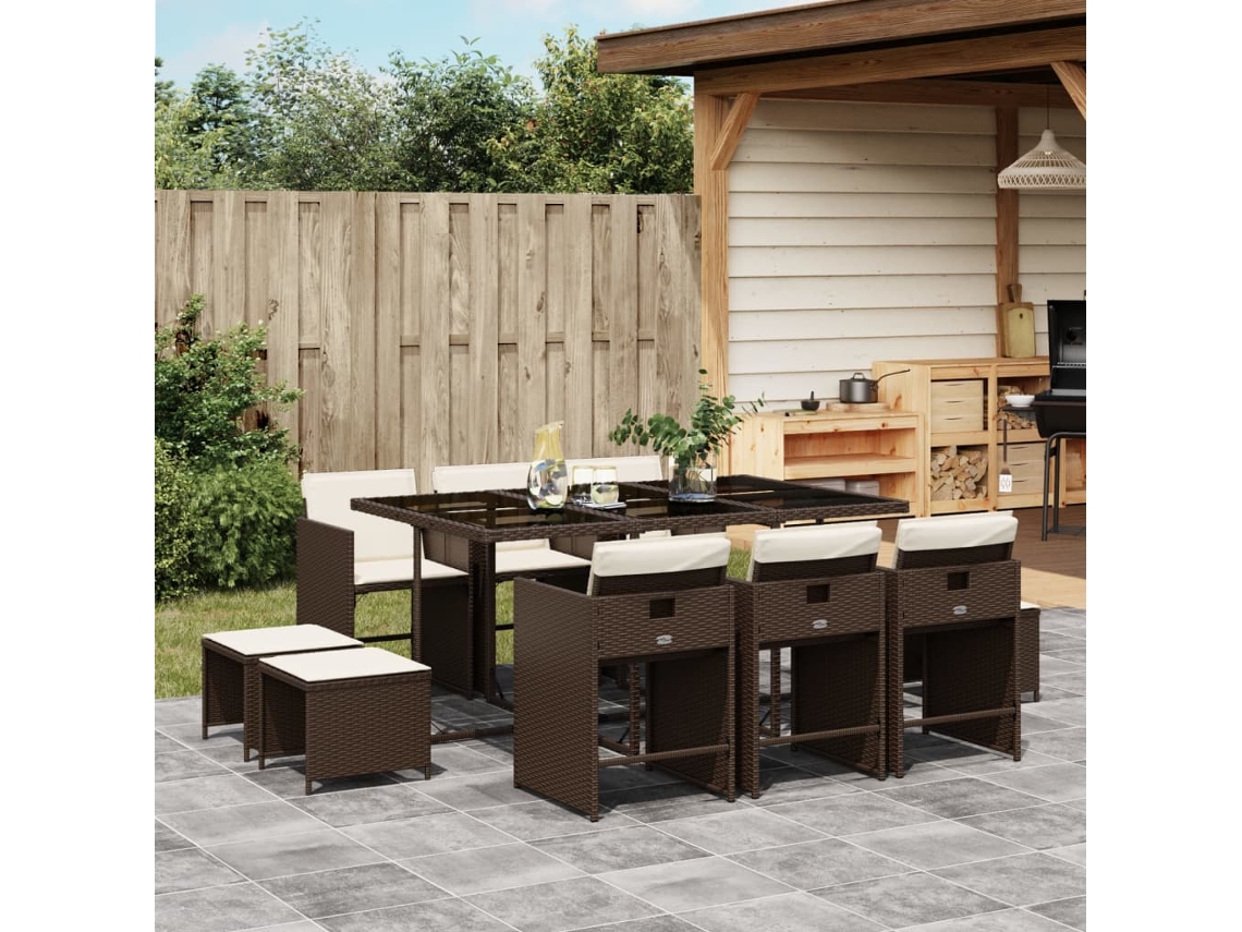 Vidaxl 11 Pcs Conjunto Jantar P/ Jardim C/ Almofadões Vime Pe Castanho