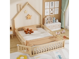 Cama Infantil 140x200cm, Formato Chaminé, Base Ripas, Madeira Pinho, Minimalista, Natural, Sem Colchão-op