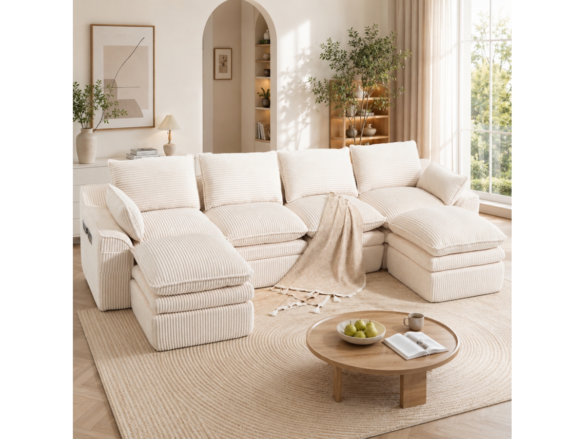 Sofá Modular de 4 Lugares com 2 Pufes, Almofadas e 2 Bolsos Laterais, Espuma de 3 Camadas + Molas para Recuperação Rápida Bege NOVELA