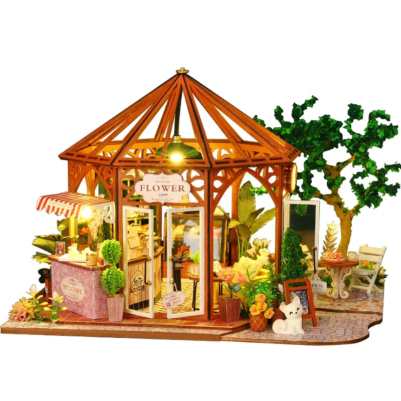 Casa de Flores Diy: Mini Casa de Bonecas de Madeira Artesanal com Luzes Led Quebra cabeça 3d MDUG