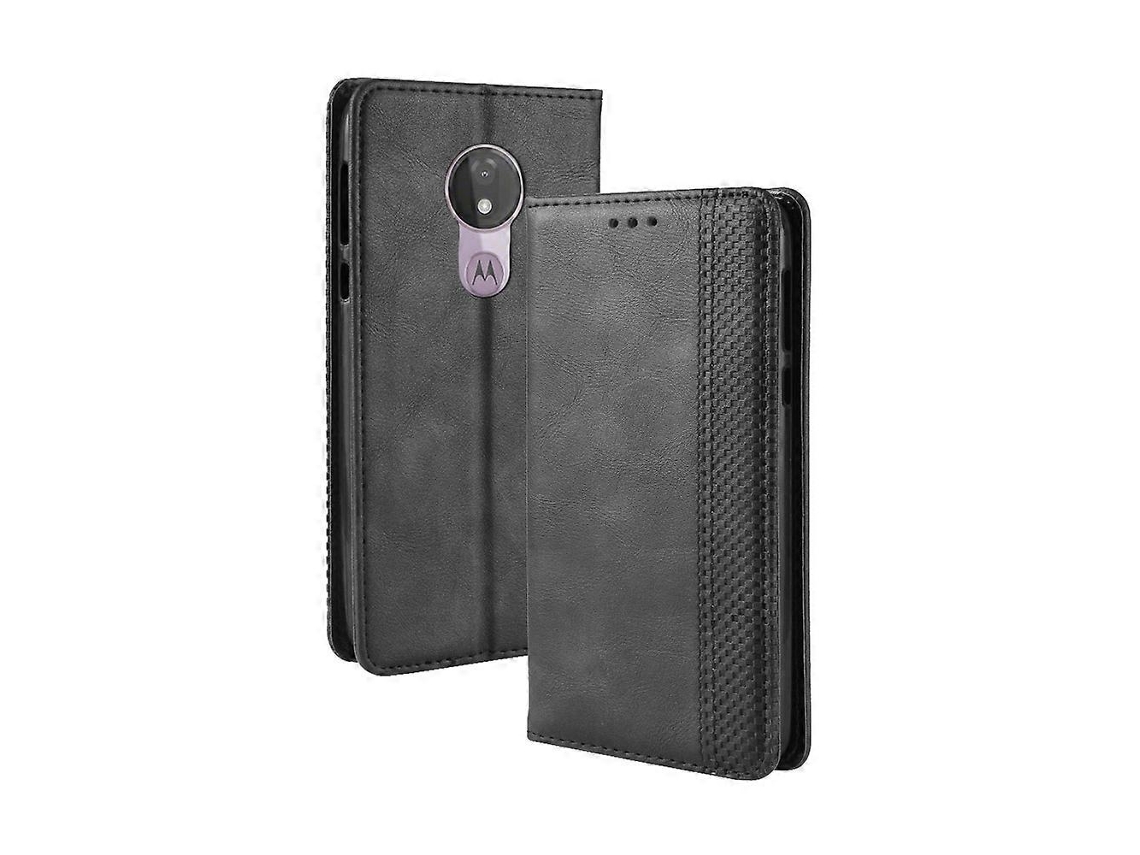 Capa De Couro Com Textura Retrô E Fecho Magnético, Formato Flip Horizontal, Para Motorola Moto G7 Power, Com Suporte, Compartimentos Para Cartões E Ca