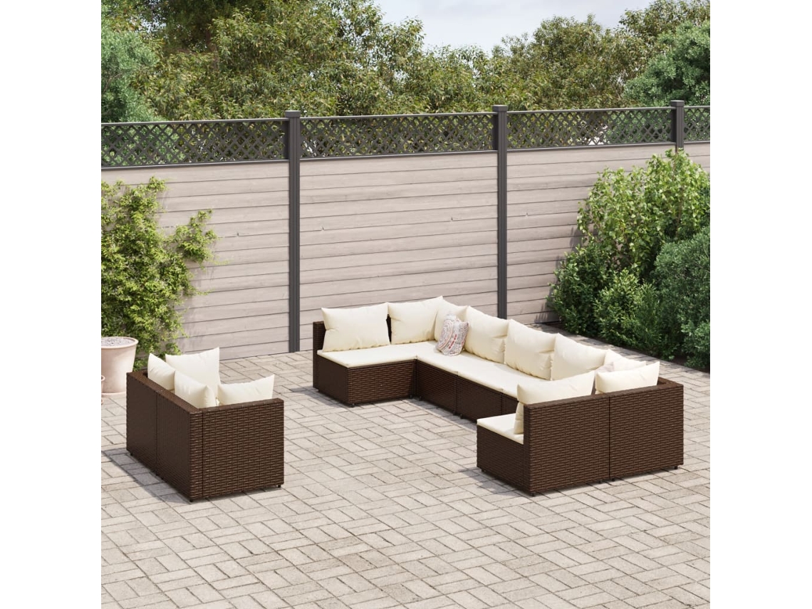 Vidaxl 9 Pcs Conjunto Sofás P/ Jardim C/ Almofadões Vime Pe Castanho