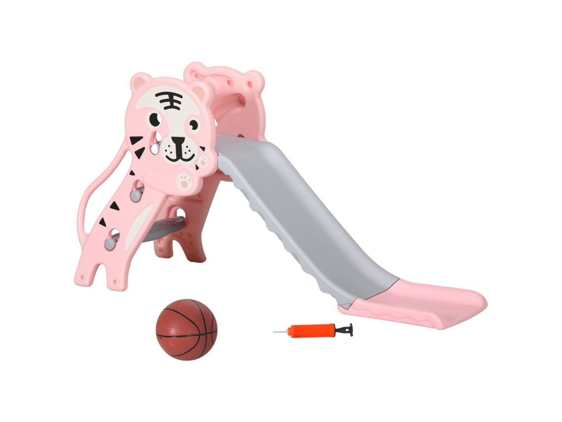 Escorrega Para Crianças 2 Em 1 Com 2 Degraus Cesta De Basquetebol E Desenho De Tigre Para Interior 133x60x70 Cm Rosa