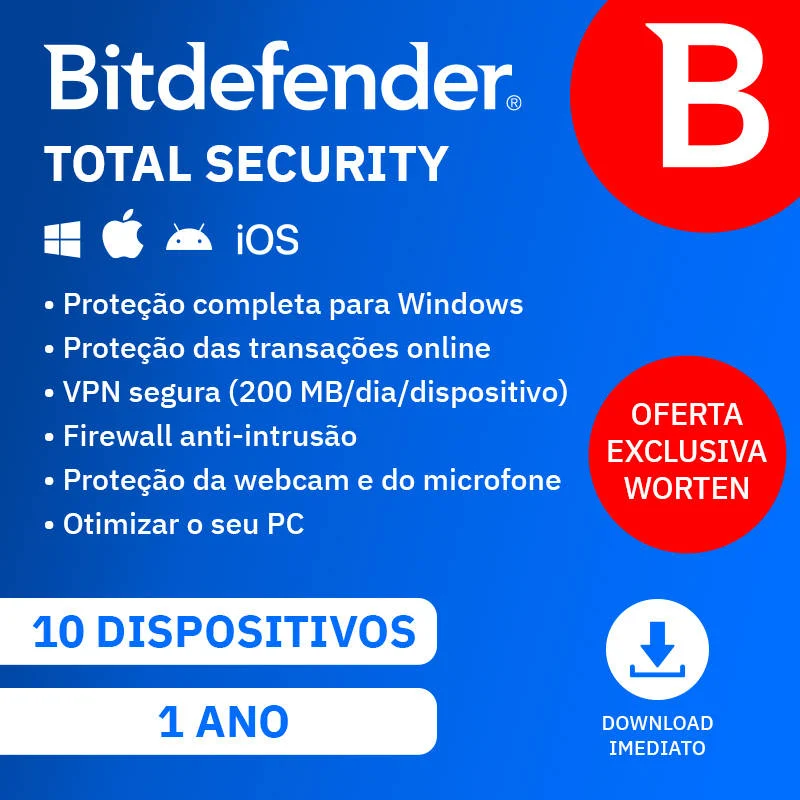 Software BITDEFENDER Total Security (10 Dispositivos - 1 ano - PC, Mac, Smartphone e Tablet - Formato Digital)