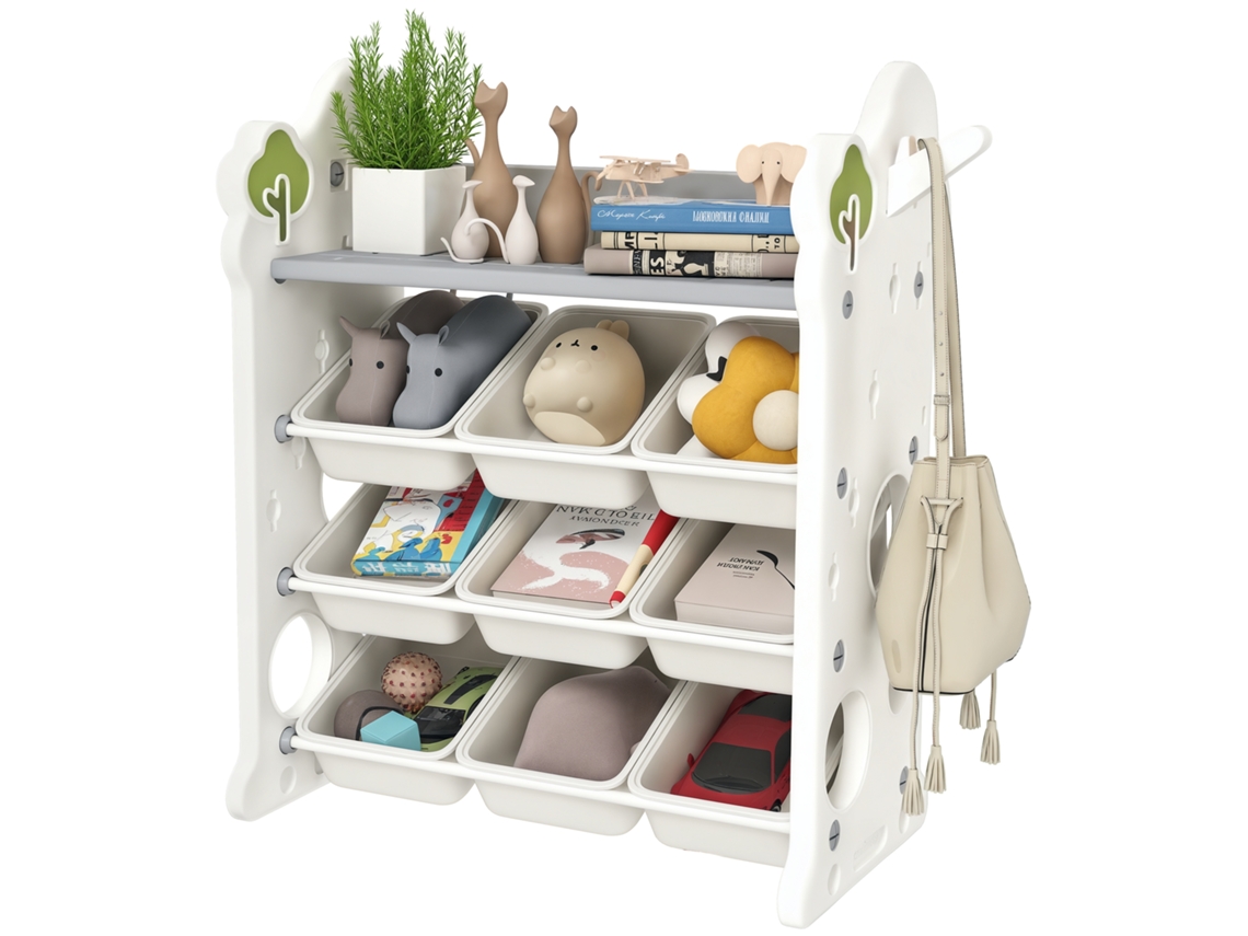Prateleira Brinquedos Infantil Creme 77x42x94cm 4 Níveis 9 Recipientes Gancho Multiuso
