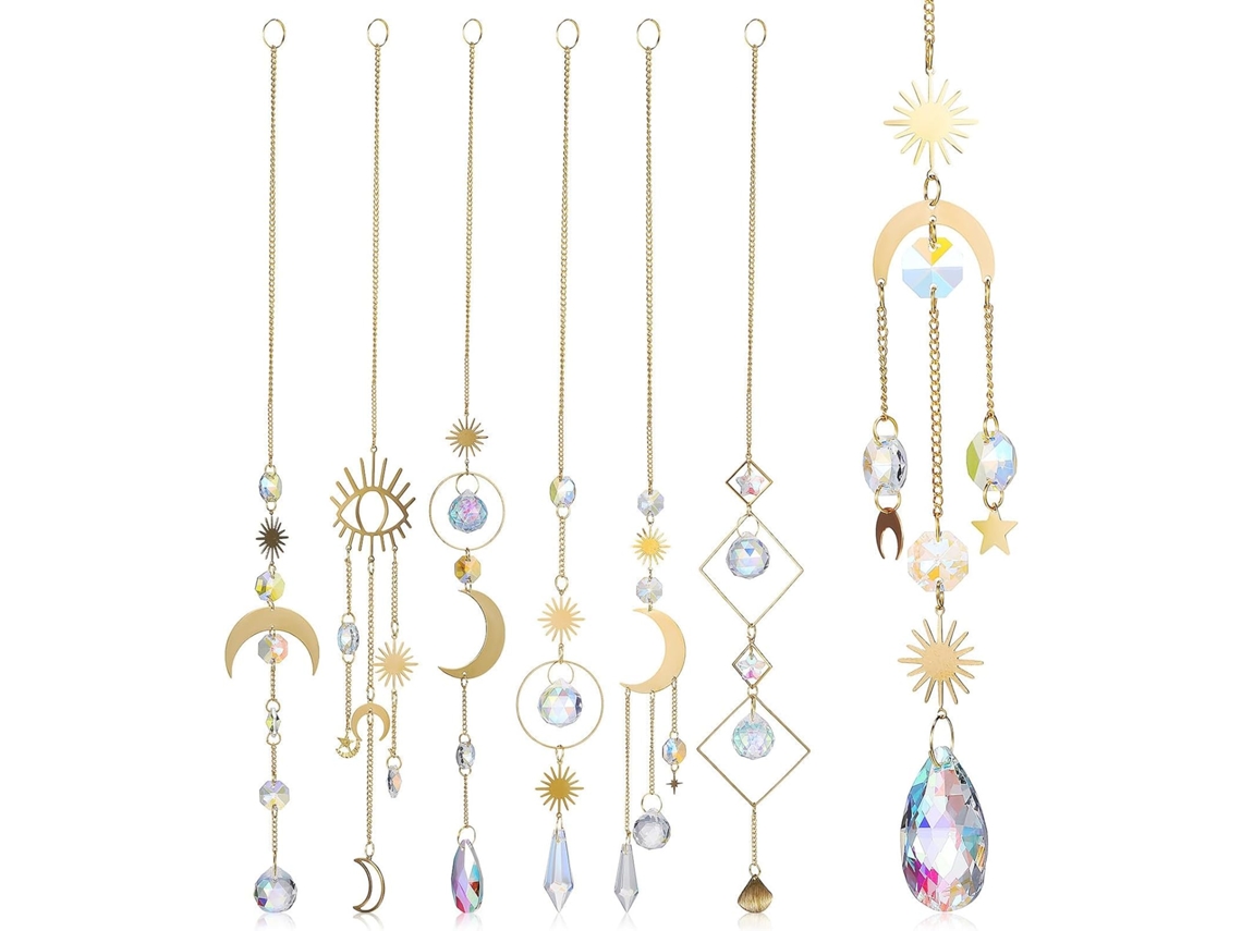 Sino de Vento Suncatcher de 7 Peças com Efeito Decorativo em Cristal, Estrela, Sol e Lua, Feito de Cristal Branco e CHABERLU
