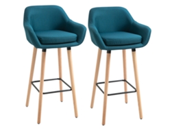 Banquetas De Bar Com Design Escandinavo - Conjunto De 2 Banquetas Extra Confortáveis Com Apoio Para Os Pés E Braços - Madeira Maciça, Linho Azul