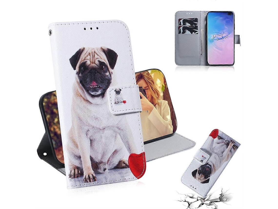 Capa De Couro Com Aba Horizontal E Estampa Colorida De Pug Para Galaxy S10 Plus, Com Suporte, Compartimentos Para Cartões E Carteira.