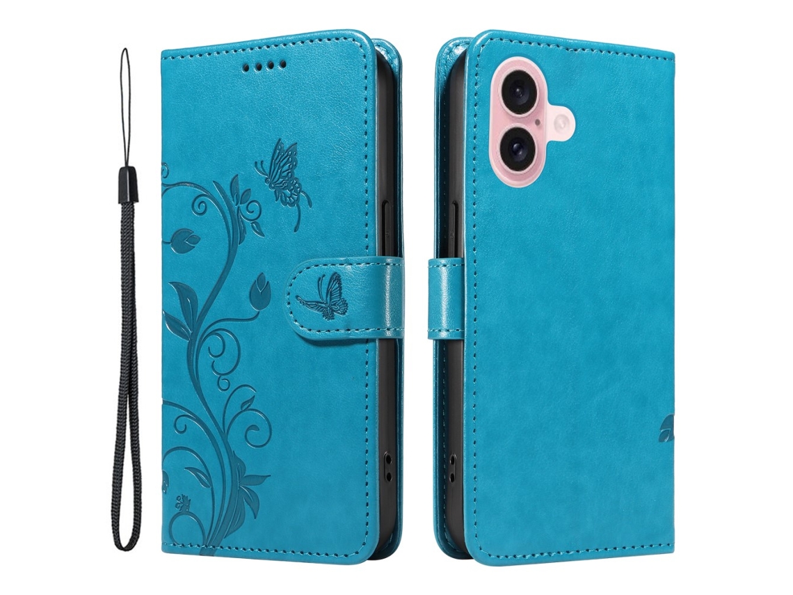 Capa Em Couro Pu, Padrão De Flor E Borboleta Para Apple Iphone 16 - Azul