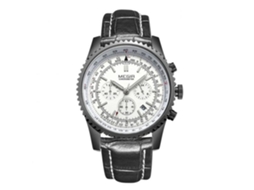 Relógio de pulso analógico masculino Megir, redondo, em aço inoxidável e com pulseira de couro.