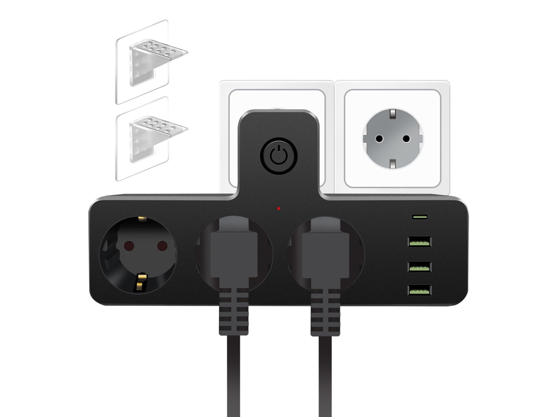 Extensão 7 Tomadas Schuko 10/16a, 3usb a+1usb c, Interruptor, Proteção Surto, 2 Suportes