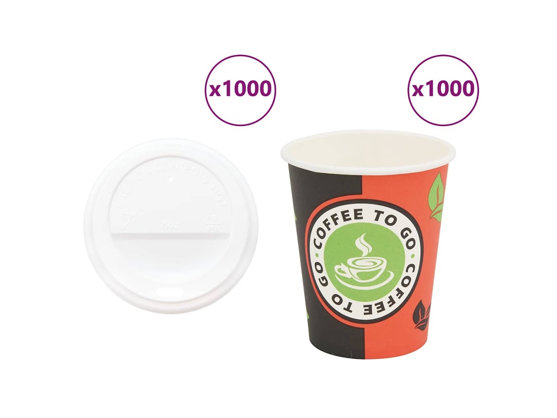 Vidaxl Copos De Café De Papel Com Tampas 1000 Pcs 8oz 240ml