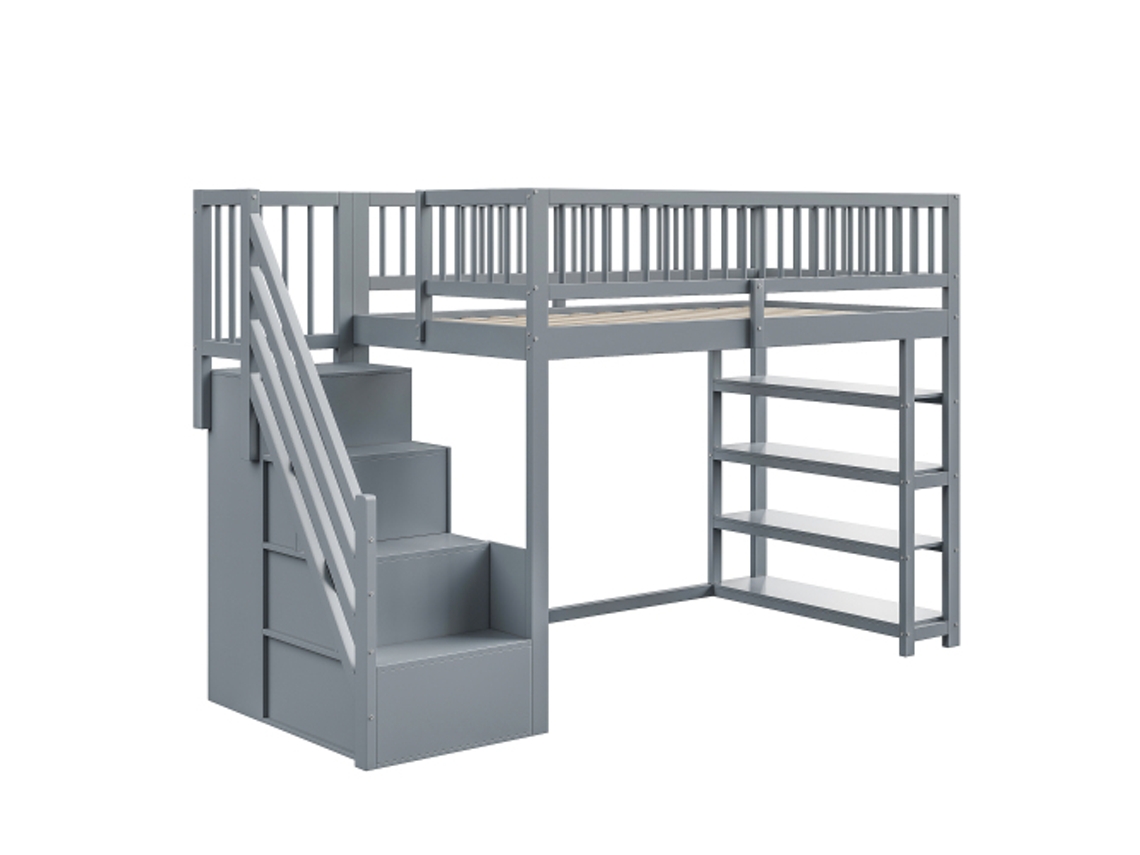 Cama Alta 90x200 com Grades, Guarda roupa, Prateleiras e Espaço de Armazenamento DELCOND