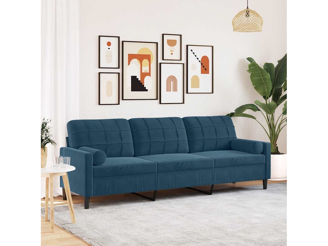 Vidaxl Sofá 3 Lugares C/ Almofadas Decorativas 210 Cm Veludo Azul
