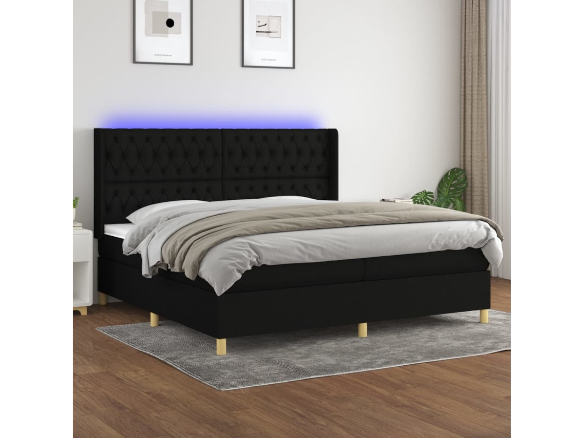 Cama Box Spring C/ Colchão E Led 200x200 Cm Tecido Preto