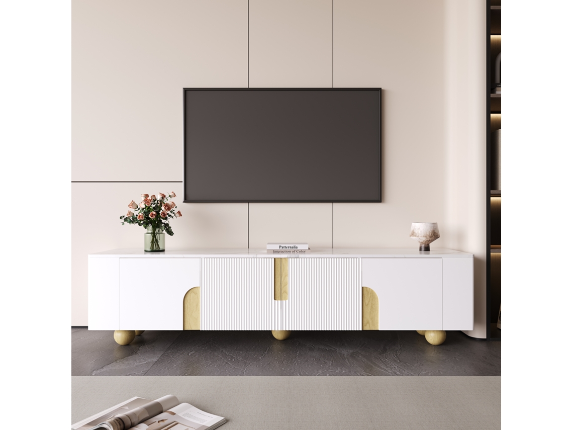 Armário De Tv Branco 180cm Com 4 Portas Design Elegante Superfície Em Efeito Mármore E Pés De Madeira Esféricos Mega Echo Trade Shop