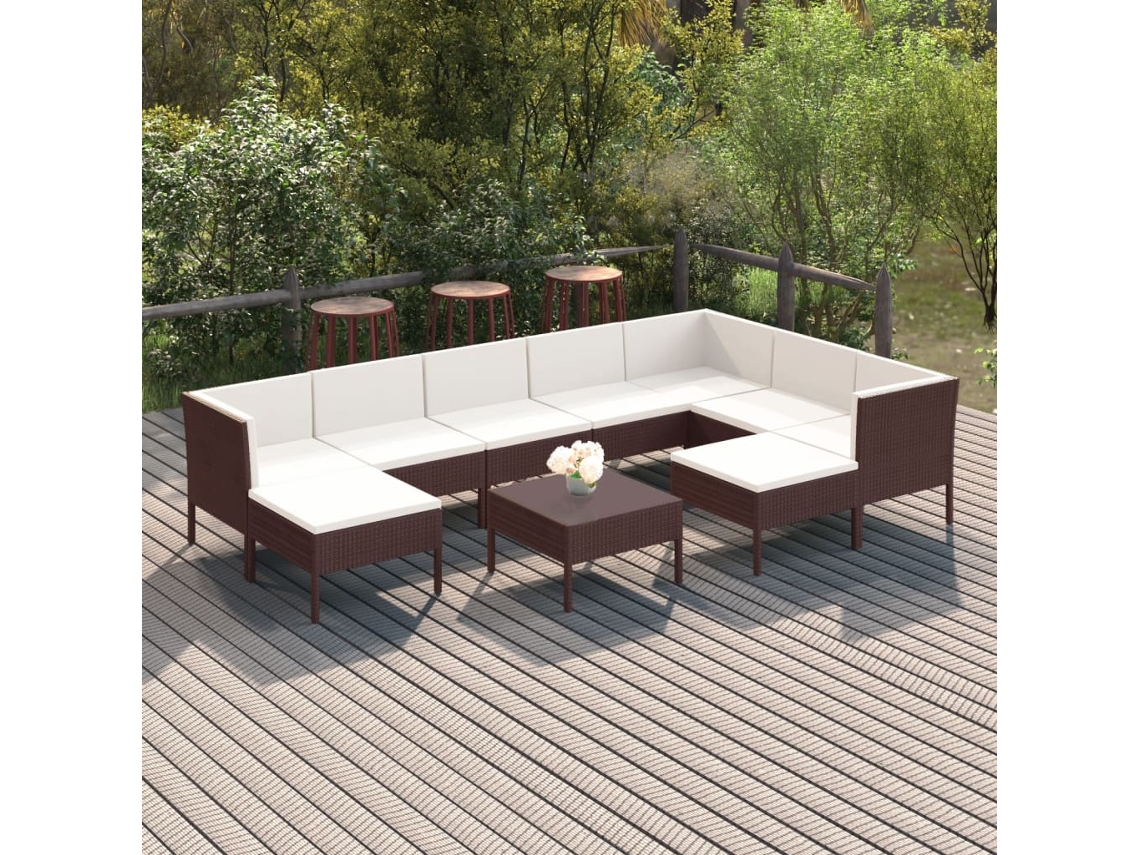 Vidaxl 10 Pcs Conjunto Lounge Jardim C/ Almofadões Vime Pe Castanho