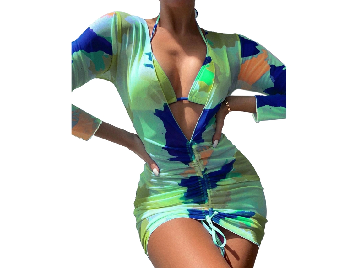 Conjunto Bikini Feminino Praia Elegante Manga Longa Verde S