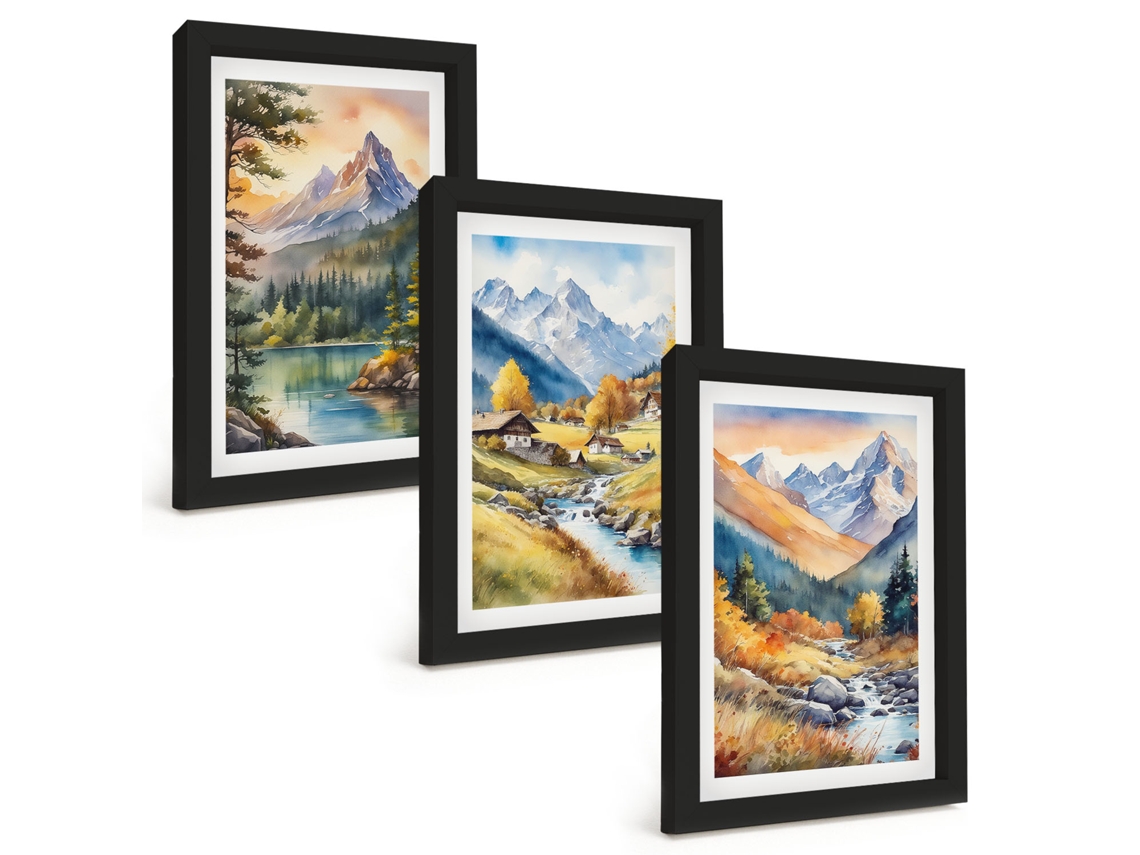 Quadros Decorativos Para Paredepaisagem De Montanha Com Rio Moldura Preta Quadros Para O Escritório Espelharte (3 Peças 20x30 Cm)