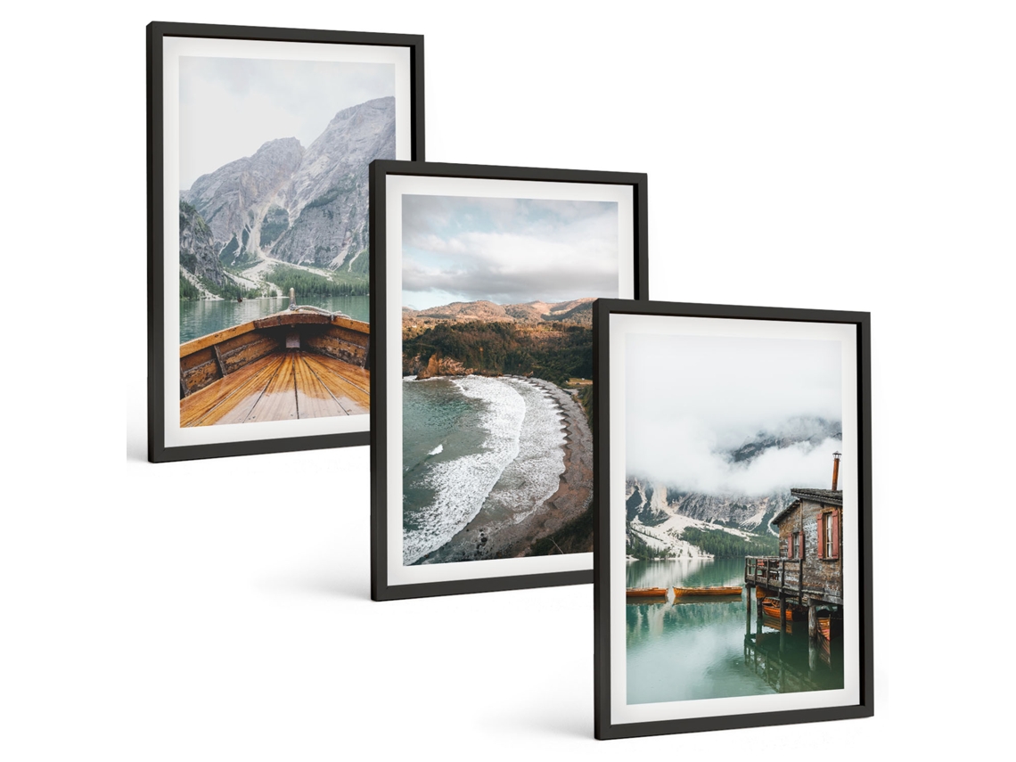 Conjunto De Pinturas Montanhas, Lago, Barco, Paisagem De Praia Espelharte (3 Peças 40x60 Cm)