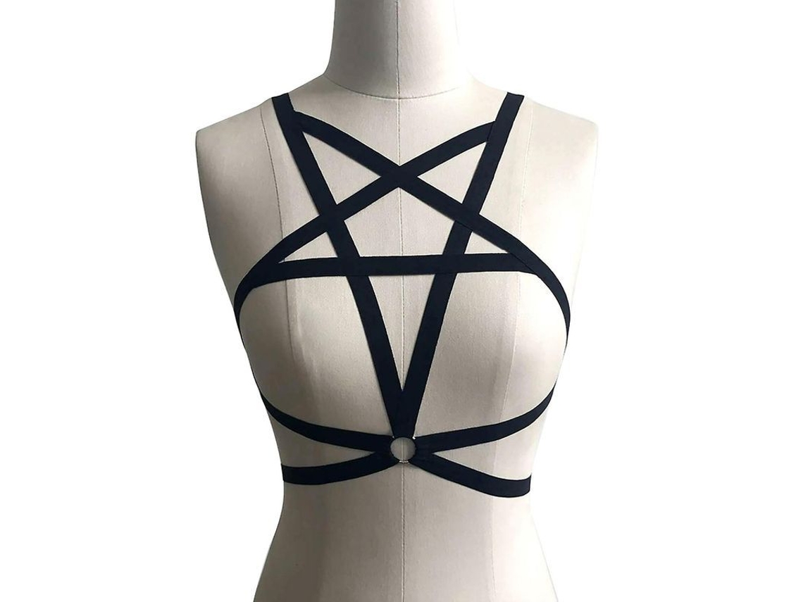 Sujetador Harness Cage Pentagrama Com Design De Entalhe Para Mulheres, Ideal Para Clubs E Festas, Confortável De Acrílico E Spandex S Negro