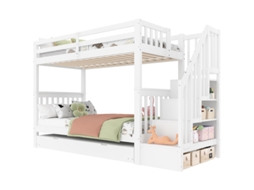 Beliche 90*200cm, Com Prateleira Para Escada, Equipada Com Cama Auxiliar Retrátil, Grades Altas, Certificada Pela Norma En747-1, Branca.