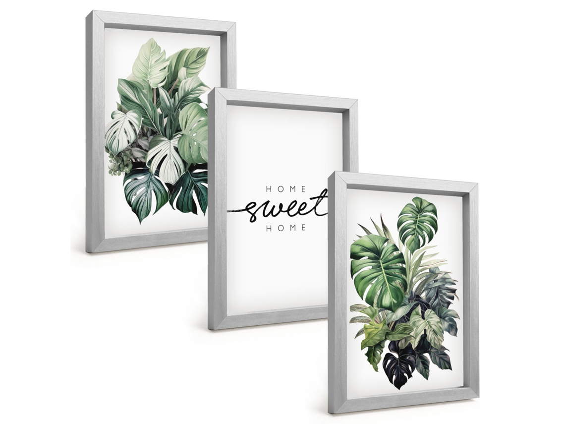 Um Conjunto De Imagens Decorativas Em Uma Molduraplantas Com As Palavras "doce Lar" Moldura Prateada Pinturas De Quarto Espelharte (3 Peças 20x30 Cm)