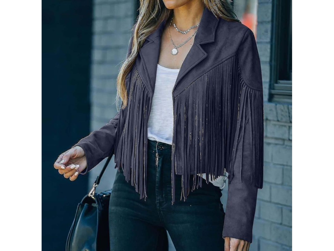 Jaqueta Fringe Feminina Estilo Cowboy De Courro Falso Camurça Manga Longa Com Tasséis Cardigan Marinha