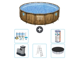 Piscina BESTWAY Round Power Steel Swim Vista Impressão em Madeira 488 X 122 Incluindo Bomba Escada Capa Pacote de Manutenção Filtro
