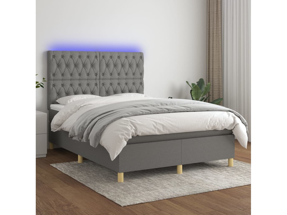 Vidaxl Cama Box Spring C/ Colchão E Led 140x200 Cm Tecido Cinza-escuro