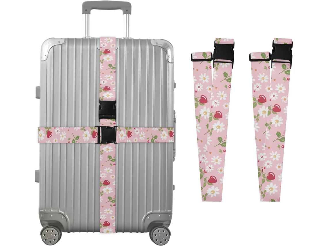 Conjunto De 2 Cintas Bagagem Personalizáveis Com Fivelas Para Malas, Estampa Rosa Cereja Margarida