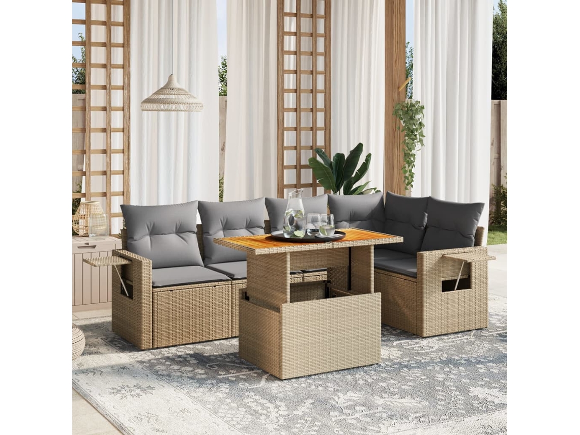 Vidaxl 6 Pcs Conjunto De Sofás P/ Jardim Com Almofadões Vime Pe Bege