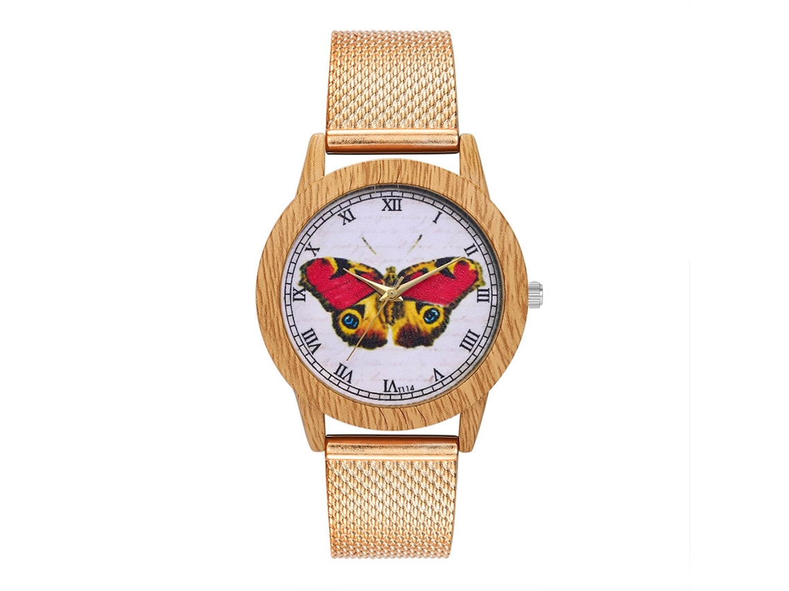 Relógio de quartzo unissex com pulseira de silicone, mostrador redondo e pulseira dourada rosê.
