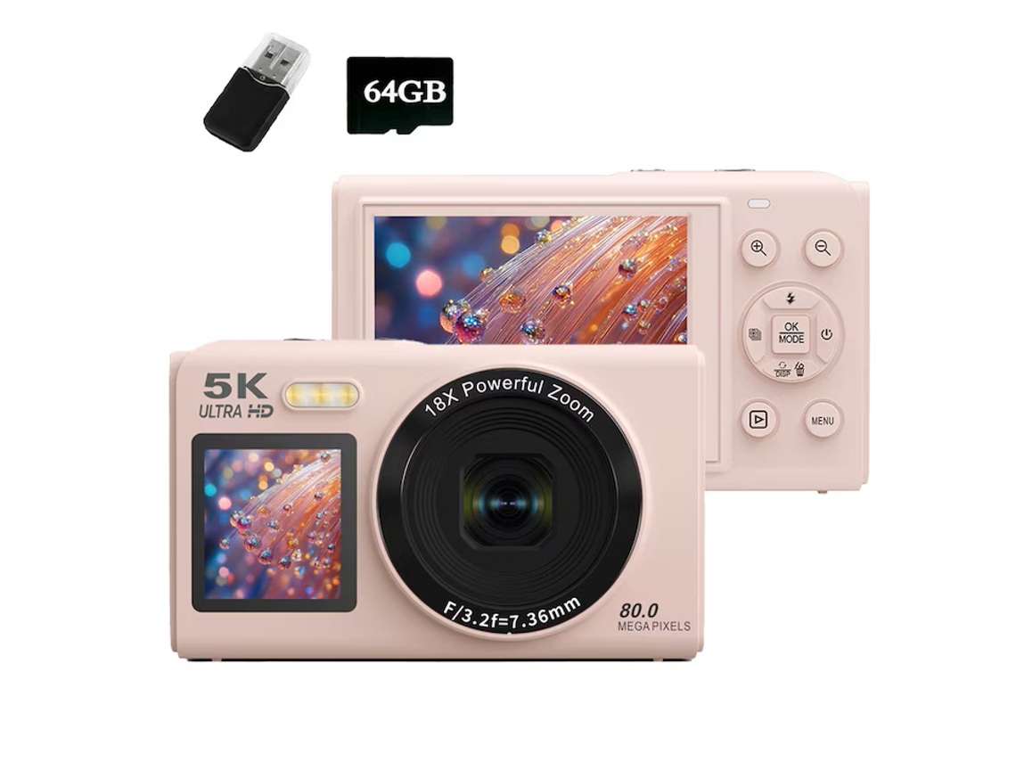 Câmera Digital Compacta para Estudantes e Selfies 5k 80mp, Zoom 18x e Foco Automático Af, Flash Integrado, Transmissão Wi fi, Cor Rosa DIGISAND