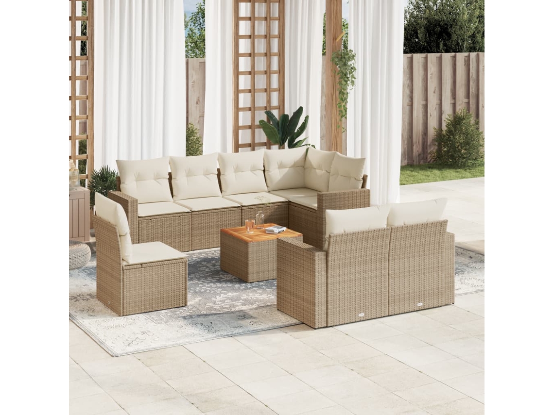 Vidaxl 9 Pcs Conjunto De Sofás P/ Jardim Com Almofadões Vime Pe Bege