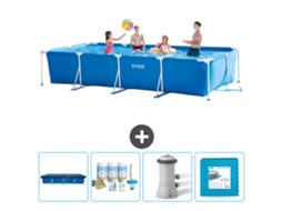 Piscina com Estrutura Retangular INTEX 450 X 220 X 84 Cm Azul Incluída Cobrir Pacote de Manutenção Bomba de Filtro de Piscina Ladrilhos