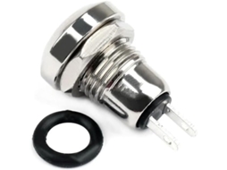 1 pequeno botão de pressão redondo de metal de 8 mm com ponta serrilhada, que funciona como botão para conectar, desconectar e abrir.