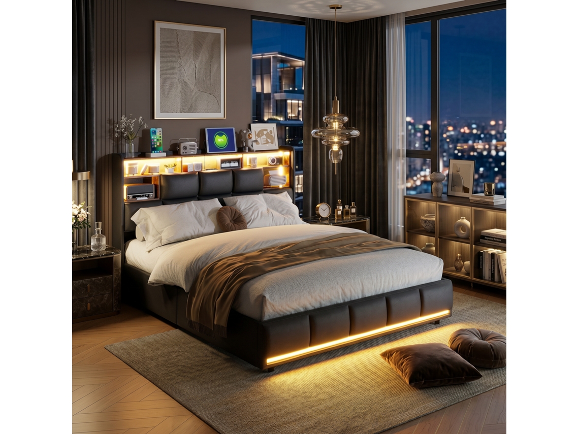 Cama hidráulica de armazenamento 140x190 cm, luz LED, estante aberta, espaço oculto na cabeceira, linho cinza | ROSAHQNDA