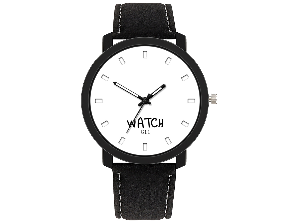 Relógio de pulso masculino analógico de quartzo com pulseira de couro PU, preto e branco.