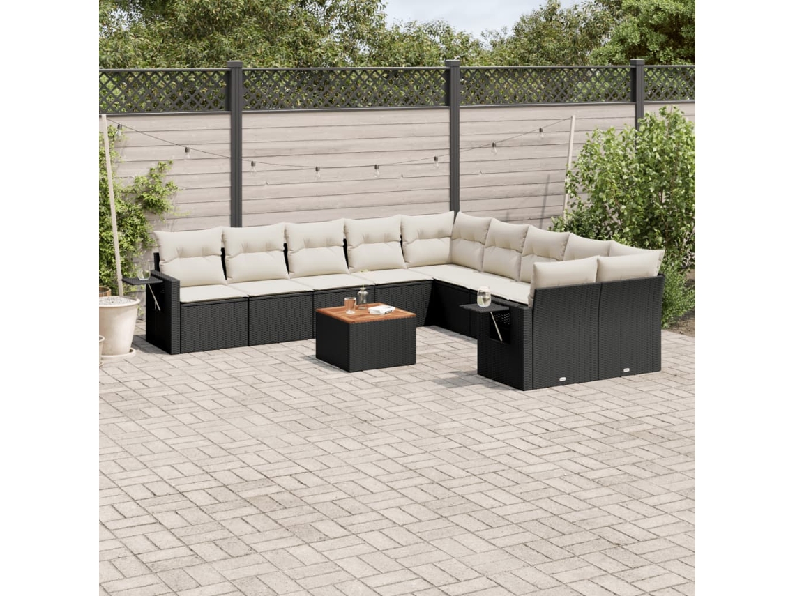 Vidaxl 11 Pcs Conjunto Sofás De Jardim C/ Almofadões Vime Pe Preto