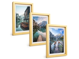Composição De Quadros Lago, Montanhas, Barcos De Madeira Espelharte (3 Peças 20x30 Cm)