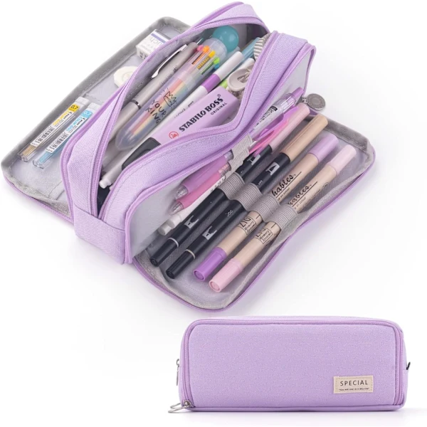 Estojo para Lápis, 3 Compartimentos, Grande, Roxo, Escolar, Adolescentes, Meninas, Meninos AQUAFORGE