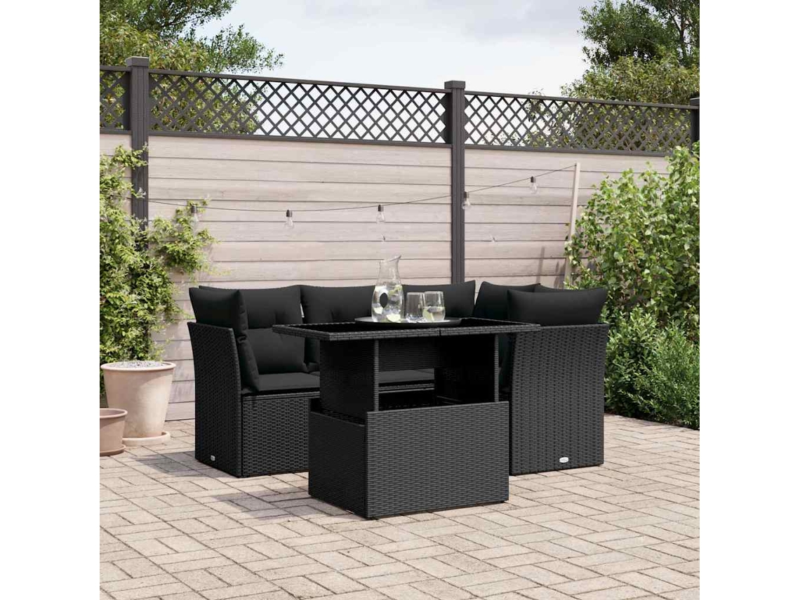 Vidaxl 5 Pcs Conjunto Sofás De Jardim Com Almofadões Vime Pe Preto