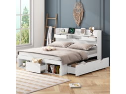Cama De Casal 140x190 Cm, Branca, Com Usb, Gavetas E Armário, Sem Colchão, Grande Armazenamento